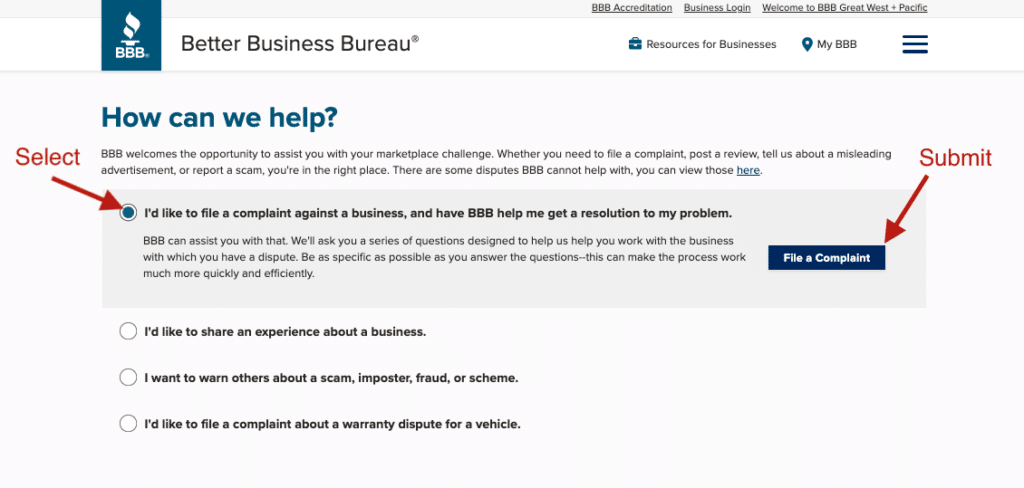 how to file complaint with bbb